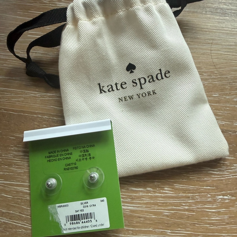 kate spade Silver 'mrs' Script Stud Earrings with Cream Drawstring Pouch - Picture 4 of 4